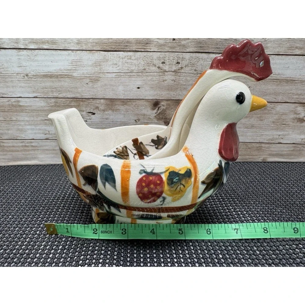 VTG Nasco Hand Painted Ceramic Rooster Gravy Boat w/Ladle - Japan 1950 Farmhouse